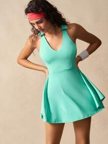 VARSIVA 女士纯色领口无袖日常健身运动连衣裙 - 綠色 - 查看 2