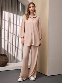 SHEIN Tall Conjunto informal de 2 piezas para mujer alta, compuesto por una camisa de manga larga con caída en los hombros de unicolor y pantalones con cintura de amarre propio