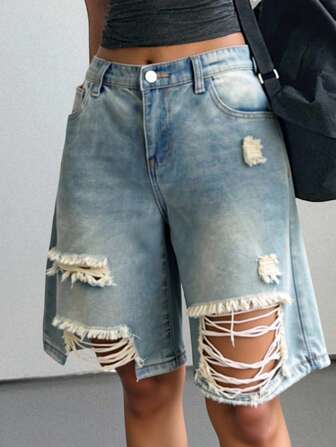 SHEIN Teenager Mädchen Y2K Vintage Retro ausgewaschene zerrissene niedrig sitzende lässige weite Jeans Shorts, für Frühling und Sommer Strandurlaub Festival Outfits, 4. Juli Kleidung, Abschlussparty Jeans Hosen Shorts, Schule Streetwear Outfits