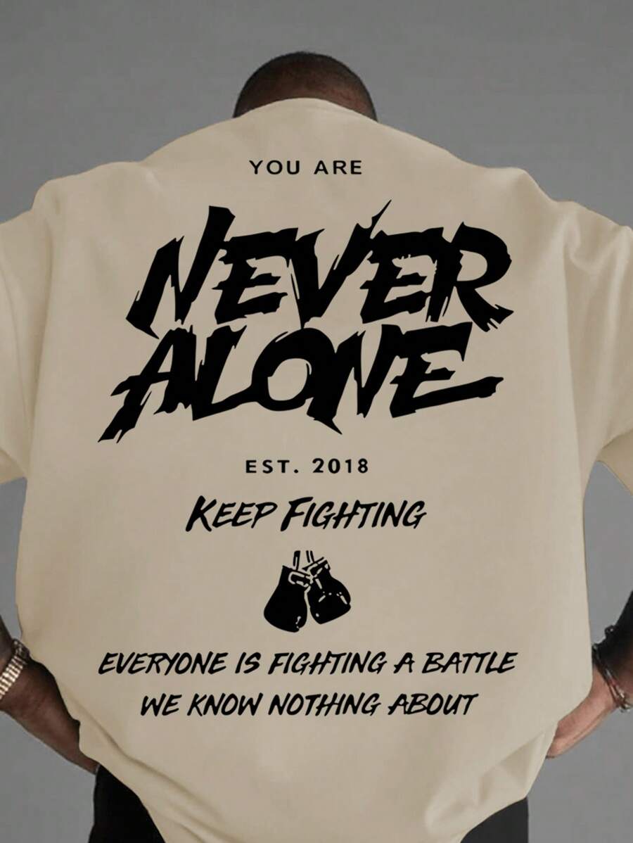 Manfinity EMRG Plus Size Men's Summer Slogan Print Round Neck Short Sleeve Casual T-Shirt - Khaki - View 1