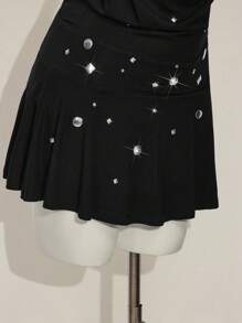 SHEIN ICON 闪亮连帽连衣裙 A 字性感迷你连衣裙，适合音乐节、派对和休闲日常穿着秋季女装 - 黑色 - 查看 8