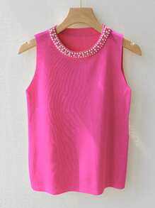 SHEIN Plus Size Women Pearl Decor Round Neck Fashion Knitted Vest Winter Fall Autumn - Hot Pink - View 4