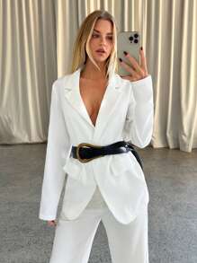 Aloruh Cárdigan de manga larga con cuello en V profundo, ajuste holgado, unicolor con cinturón de cintura, para mujer, apto para uso casual y de oficina, elegante, blanco, para trabajo, oficina, vuelta al colegio, profesora