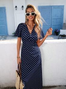 SHEIN VCAY Plus Size Holiday Casual Polka Dot Print Dress,Maxi Dress Polka Dot Maxi Dress Maxi Dress For Vacation Summer Maxi Dress Maternity Maxi Dress Polka Dot Dress,Wedding Guest Dress Women - Navy Blue - View 7