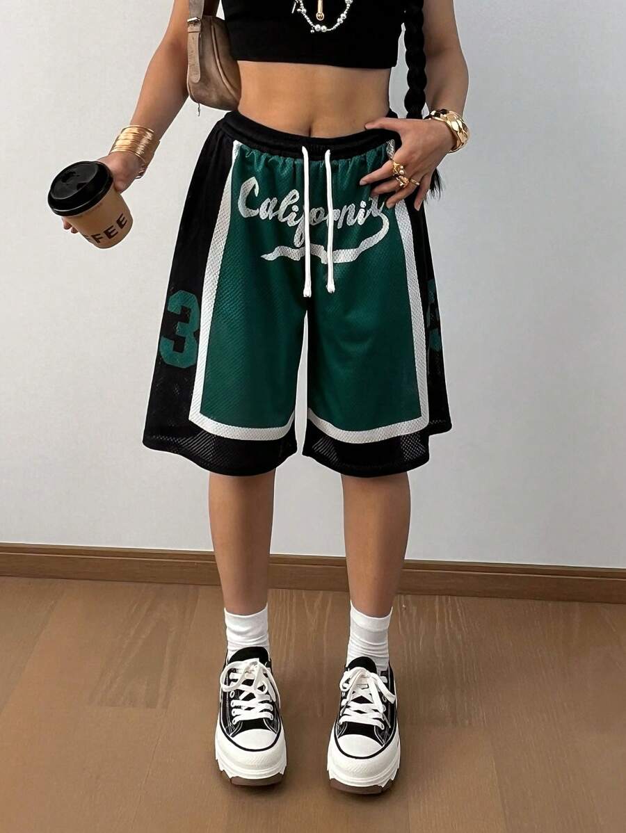 SHEIN Leap Crew 青少年女孩运动街头时尚网眼短裤、运动百慕大短裤、返校阔腿短裤、休闲跑步运动短裤