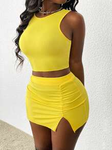 SHEIN Women Summer Slim Solid Color Crop Top And Slit Mini Skirt Set For Casual Occasions - Yellow - View 4