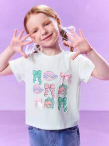Pop Mart Azura X SHEIN Young Girl Cartoon & Bow Print Fantasy White Casual Sweet Cute Short Sleeve T-Shirt
