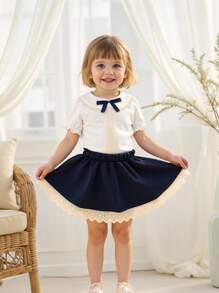 SHEIN 2pcs Baby Girls Summer New Peter Pan Collar Ruffle Puff Sleeve Cute Princess Style Blouse + Ruffle Skirt Set - Multicolor - View 2