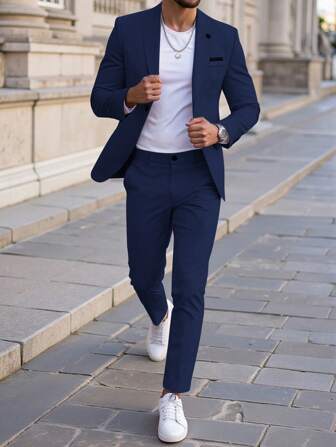 Manfinity Mode Elegante traje azul marino liso para hombres con mangas largas y ajuste a medida para ocasiones formales, conjunto de traje para hombres