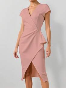 SHEIN Clasi Vestido elegante de largo medio con cuello en V, pliegues y dobladillo envolvente para mujeres - Rosa - Ver 4
