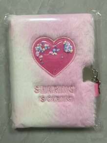 SHEIN A6 刺绣字母珠心毛绒笔记本带锁，1 个，适用于学生日记、女孩日记本、男孩和女孩礼物，含 80 张 - 彩色 - 查看 3