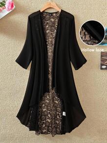 EMERY ROSE Women's Plus Size Simple Chiffon Jacket With Lace Back Vacation Fall Winter Cloth For Women Autumn - Black - View 1