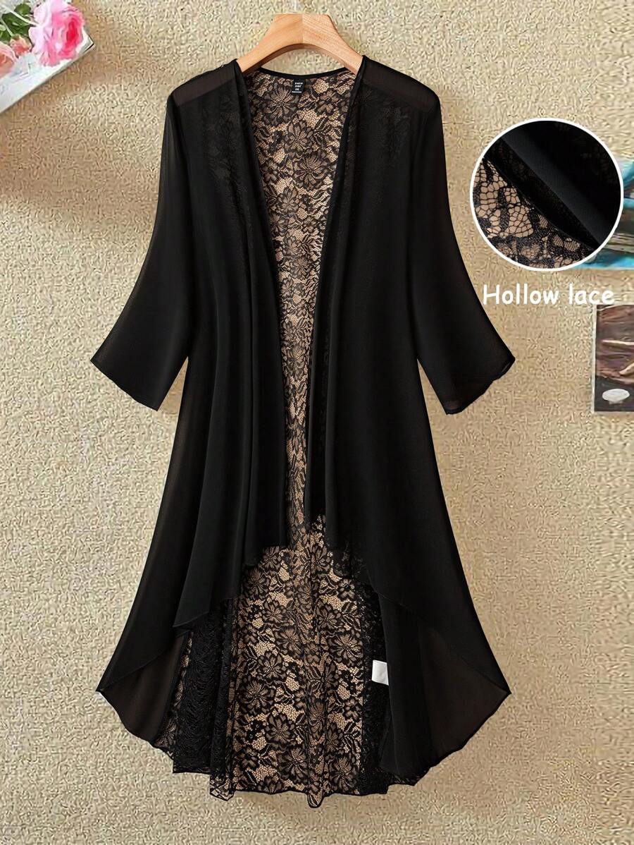 EMERY ROSE Women's Plus Size Simple Chiffon Jacket With Lace Back Vacation Fall Winter Cloth For Women Autumn - Black - View 1