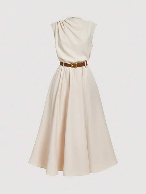 SHEIN MOD Women Sleeveless Solid Color Dress (With Belt), Back To School Season,Boho Clothes Women Beige Dress Cream Dress Dress With Belt Midi Dress Asymmetrical Dress