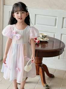 DAZY Girls (Small) Gradient Bow Decor Puffy Sleeve Party Birthday Dress, Korean Style