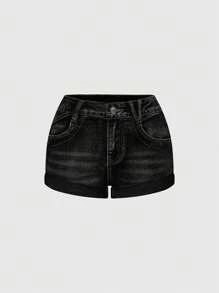 Gothic Palace Style Women's Denim Shorts With Heart Embroidery, Rhinestone, Crystal Teardrop & Star Decor - Black - View 4