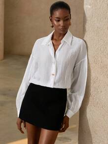 Zanirela Simple Artistic Collared Button Front Mid-Length Long Sleeve Shirt For Women Fall Cloth For Women - White - View 2
