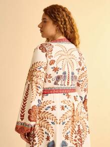 CAJUNI Plus Size Mulheres Boho Férias Floral & Planta Retro Estampa V Alça Amarrada Férias Casual Manga Longa Top Curto - Multicolorido - Ver 7