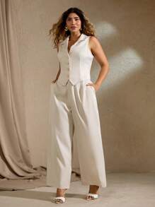 Flirla Plus Size Women's Spring/Summer French Elegant Minimalist Office/Commute/Vacation Casual Outfit: Collared Fitted Waist Open-Front Decorated Shirt + Elastic Waist Wide Leg Pants Set