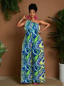 Maweii 大码女式大理石印花露肩阔腿连体裤，休闲度假装 - 彩色 - 查看 1