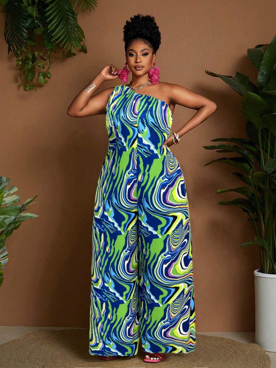 Maweii 大码女式大理石印花露肩阔腿连体裤，休闲度假装 - 彩色 - 查看 1