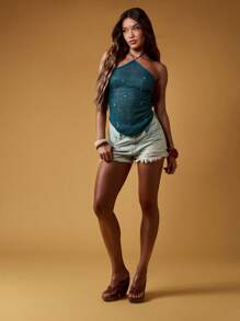 MISSGUIDED Pearl Embellished Halter Knit Top Summer Festival Beach Party Evening Sleeveless Camisole Sparkle Party Club Wear Christmas - Green - View 5