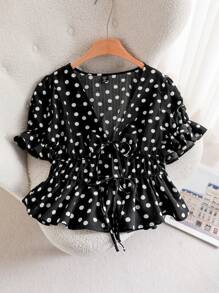 CosyJoli Plus Size Polka Dot Top Print Tie-Front V-Neck Short Sleeve Shirt,Slightly Sheer, Summer Spring - Black - View 5
