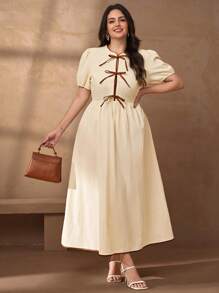 Chikora Plus Size Summer Casual Dress With Bow Decor Balloon Sleeves Summer Beige Dresses For Women Summer Elegant Dress Neutral Dresses - Apricot - View 5