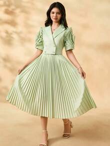 SHEIN 少女两件套：优雅 3D 花卉装饰短袖夹克 + 针织百褶裙套装 - 綠色 - 查看 5