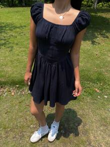 SHEIN Textured Fabric Close-Fitting A-Line Mini Dress For Teens, Square Neck, Navy Blue - Navy Blue - View 3