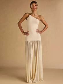 SHEIN BAE Đầm dài thanh lịch màu mơ cổ bất đối xứng khóa kim loại trang trí bó sát viền trong suốt, đầm đi nghỉ, đầm sinh nhật, đầm mùa hè cho nữ, đầm dự tiệc cưới cho nữ, trang phục đi biển cho nữ - Màu be - Xem 5