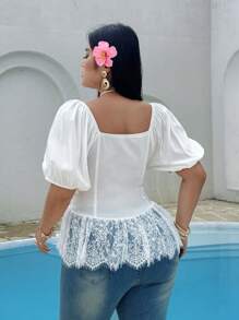 Flirla Plus Size Ruffled Lace Trim Sexy Elegant Blouse - White - View 6