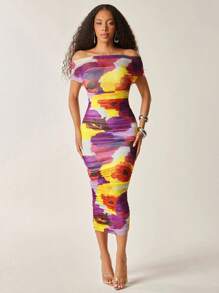 Vixey Purple And Yellow Large Floral Print Off Shoulder Ruched Mesh Midi Dress,Summer,Chic,Vacation,Holiday Wedding Guest Summer Outfits For Women Clothes - Purple - View 4