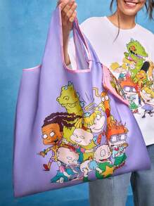 Nick 90s X SHEIN Cartoon Portrait Print 90s RPET Foldable Portable Shopping Bagm, With Small Pouch Attached, Can Be Hung On Bags, Gift