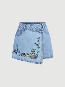 SHEIN PETITE Women's Embroidered Minimalist Casual Denim Shorts - Blue - View 1