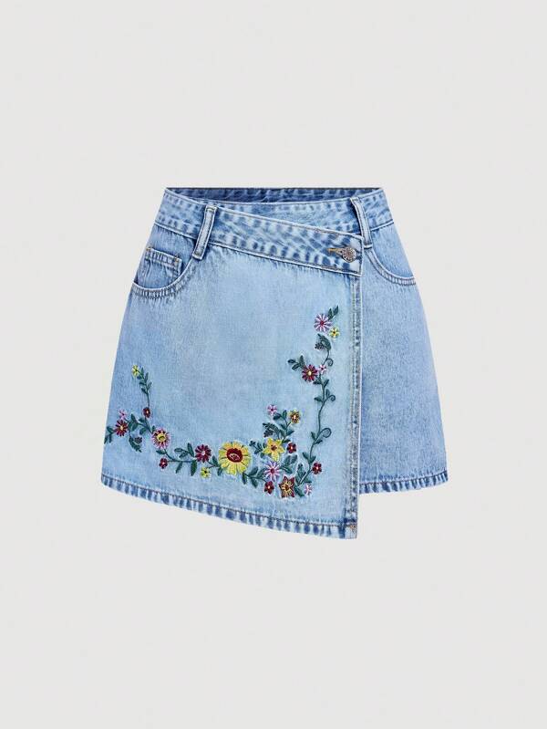 SHEIN MOD Women Floral Embroidery Asymmetric Denim Skort