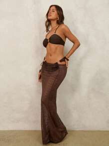 Swim Chiccia Women Summer Beach Solid Color O-Ring Connecting Sexy Bikini Set With Coverup And Mini Skirt - Brown - View 1