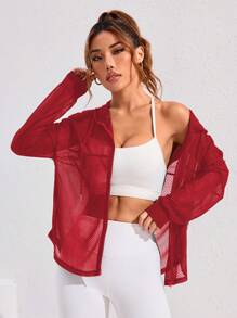 SHEIN Core Rhythm 女士休闲运动风格纯色拉链抽绳连帽衫网眼透视夹克 - 紅色 - 查看 3