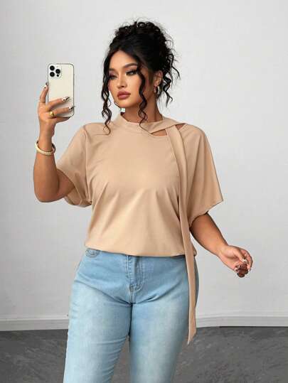 Calvaya Plus Size Neck Tie Short Sleeve Casual Loose Fit T-Shirt, Good For Outings And Commute, Summer