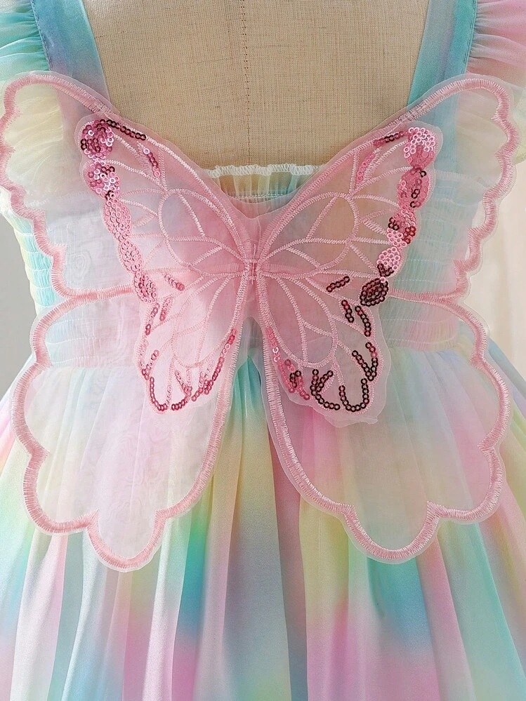 Elladie kids Girls Rainbow Gradient Cap Sleeve Elastic Waist Big Bow Back Decor Party Dress, Suitable For Party And Gathering Fall Winter - Pink - View 4