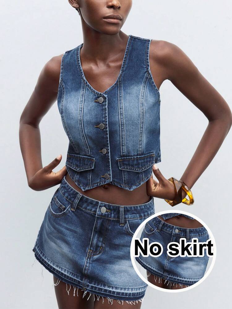 SHEIN Maija Women's Vintage Blue Denim Vest Vintage Denim Suit Summer Office Wear, Going Out