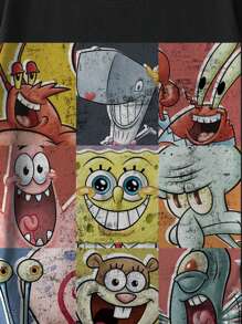 SpongeBob SquarePants | SHEIN 女式卡通图案黑色圆领短袖T恤 - 白色 - 查看 5