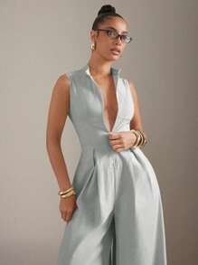 Hauture Tuta jumpsuit senza maniche con cerniera e gamba extra ampia