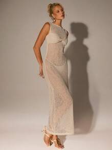 Avantive Vestido vaporoso, ajustado y sin mangas para mujer, sexy, ideal para la playa, de nueva temporada de verano - Beis - Ver 5