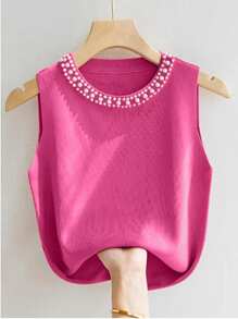 SHEIN Plus Size Women Pearl Decor Round Neck Fashion Knitted Vest Winter Fall Autumn - Hot Pink - View 1
