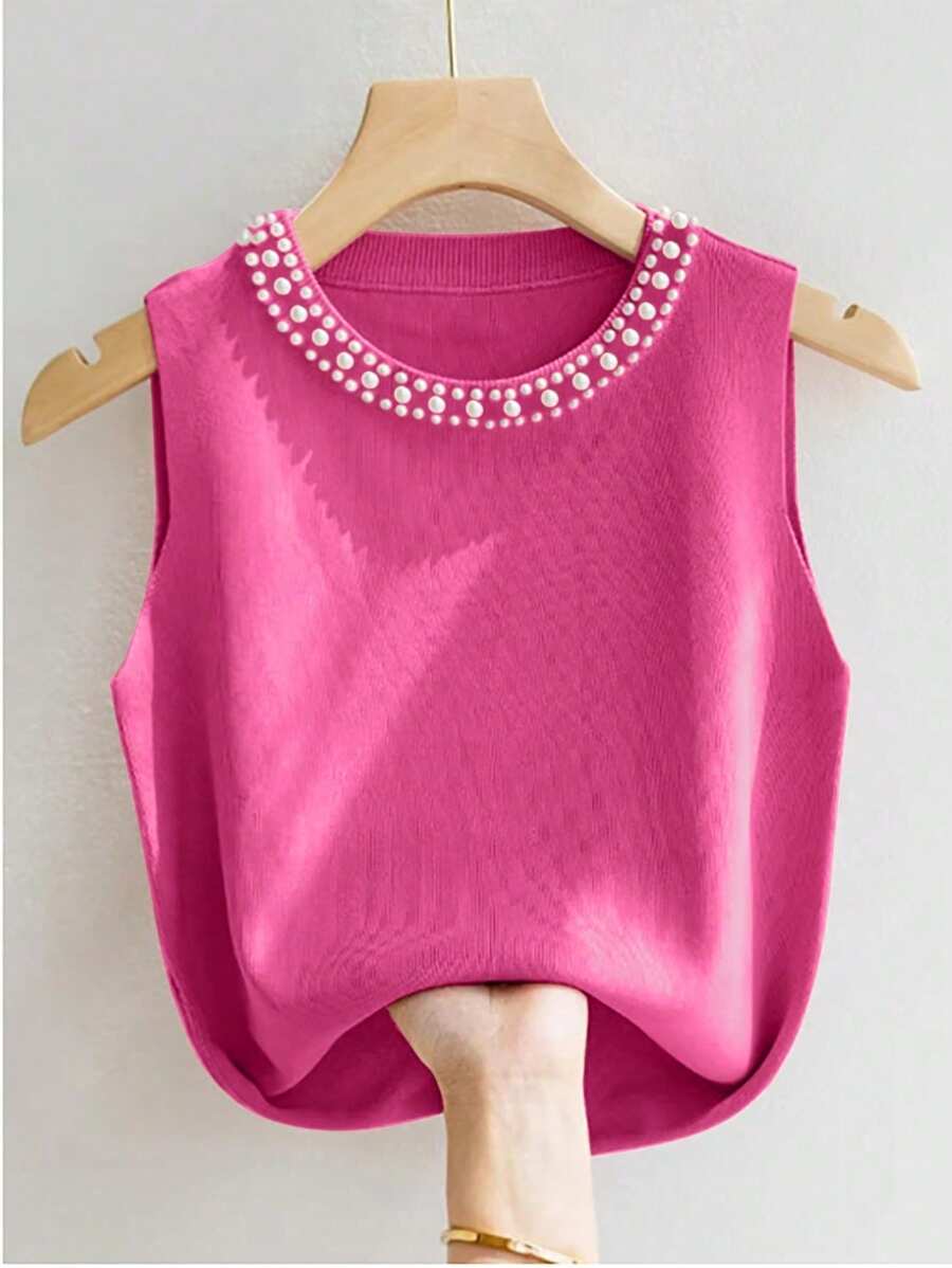 SHEIN Plus Size Women Pearl Decor Round Neck Fashion Knitted Vest Winter Fall Autumn - Hot Pink - View 1