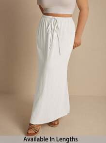 SHEIN PETITE CURVE 大码女式纯色简约抽绳半身裙 - 白色 - 查看 1