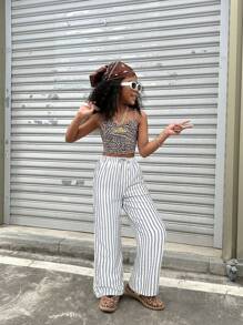 Coolane Kids Tween Girls Spring/Summer /Streetwear Striped Textured White Baggy Pants - Beige - View 3