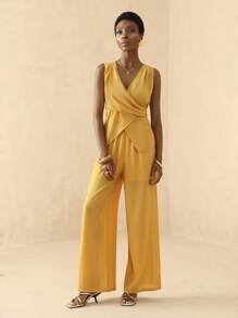 Vesra Women's 2 Pieces Set Summer New Arrival High-End Fashionable & Versatile Sleeveless V-Neck Top And Straight-Leg Pants Suit