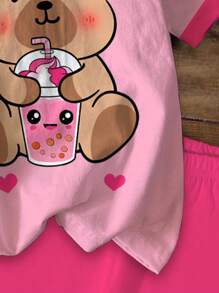 SHEIN 2件套年轻女孩休闲可爱卡通蝴蝶结短袖上衣和短裤套装